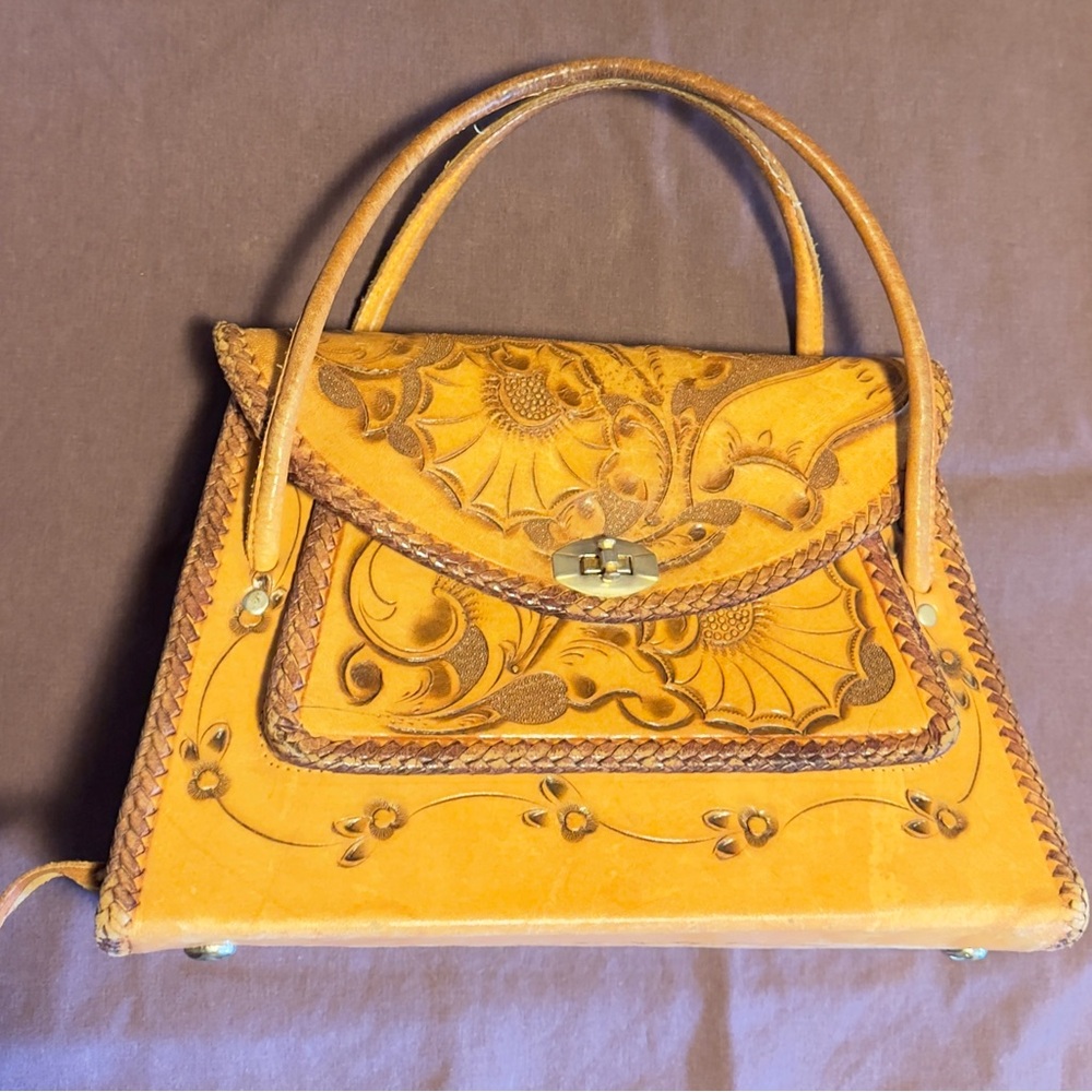 Handcrafted Tooled Leather Top-Handle Bag in Tan